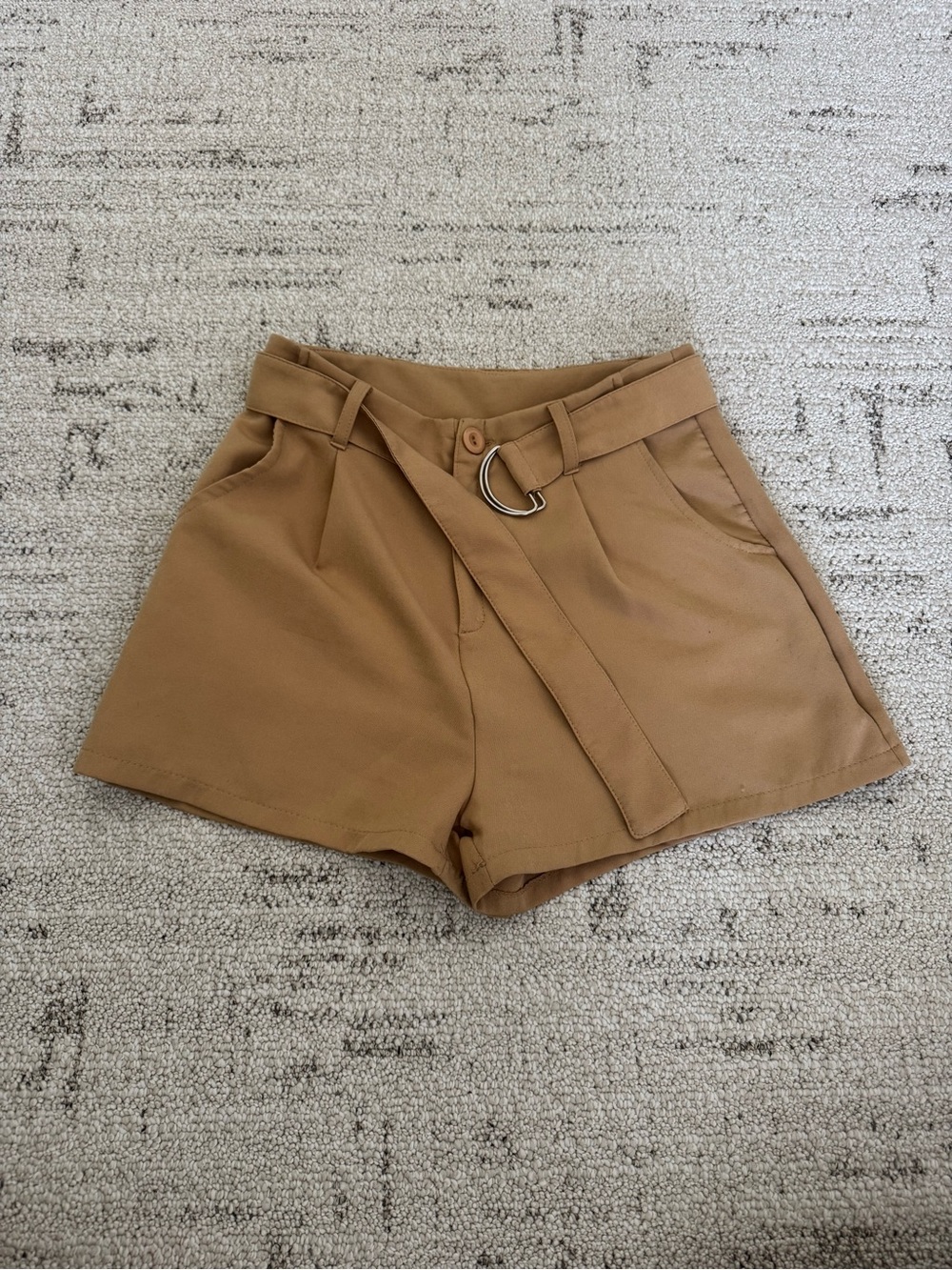 High-Waist Tan Trousers Belted Shorts